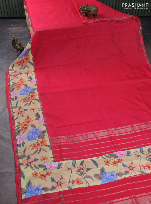 Mangalgiri silk cotton saree pink shade and sandal with plain body and temple design kalamkari printed applique border