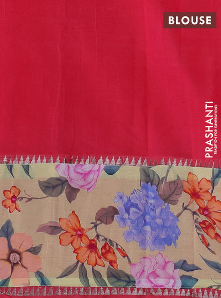 Mangalgiri silk cotton saree pink shade and sandal with plain body and temple design kalamkari printed applique border