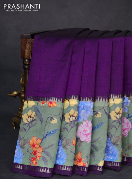 Mangalgiri silk cotton saree violet and pastel green with plain body and temple design kalamkari printed applique border