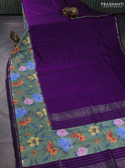 Mangalgiri silk cotton saree violet and pastel green with plain body and temple design kalamkari printed applique border