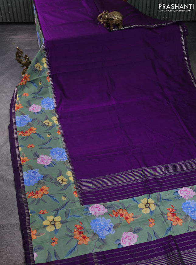 Mangalgiri silk cotton saree violet and pastel green with plain body and temple design kalamkari printed applique border