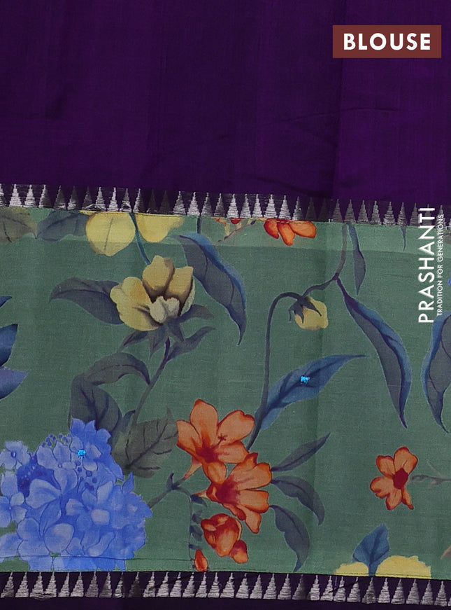 Mangalgiri silk cotton saree violet and pastel green with plain body and temple design kalamkari printed applique border