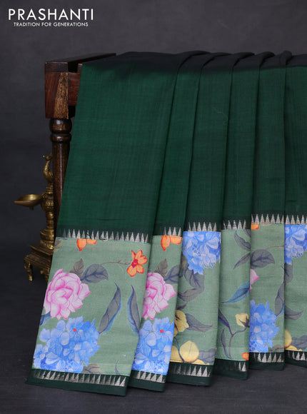 Mangalgiri silk cotton saree bottle green and pastel green with plain body and temple design kalamkari printed applique border