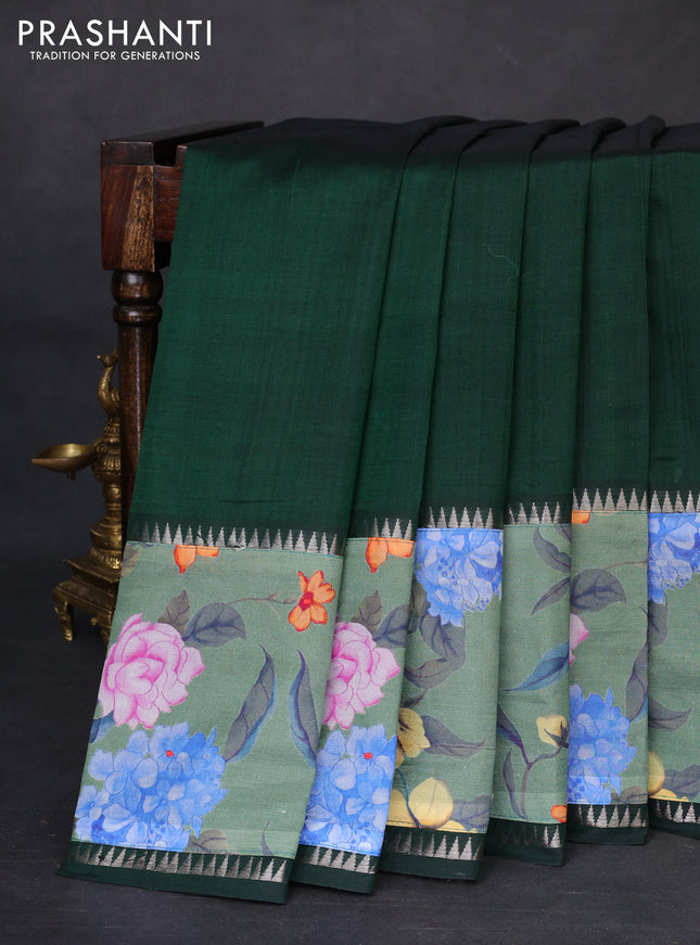 Mangalgiri silk cotton saree bottle green and pastel green with plain body and temple design kalamkari printed applique border