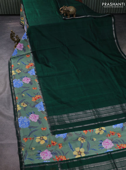 Mangalgiri silk cotton saree bottle green and pastel green with plain body and temple design kalamkari printed applique border