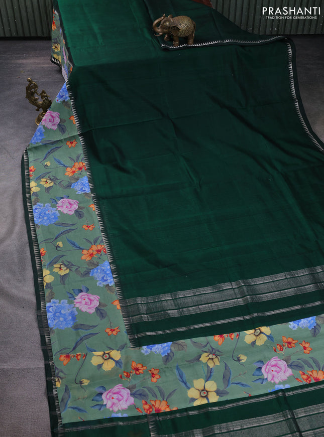 Mangalgiri silk cotton saree bottle green and pastel green with plain body and temple design kalamkari printed applique border