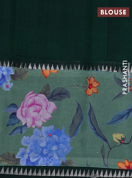 Mangalgiri silk cotton saree bottle green and pastel green with plain body and temple design kalamkari printed applique border