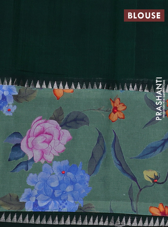 Mangalgiri silk cotton saree bottle green and pastel green with plain body and temple design kalamkari printed applique border