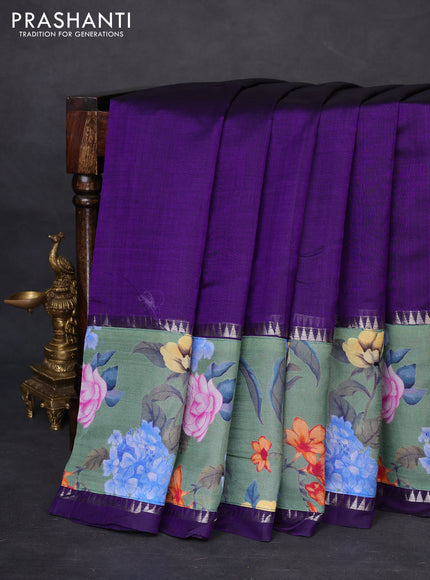 Mangalgiri silk cotton saree violet and pastel green with plain body and temple design kalamkari printed applique border