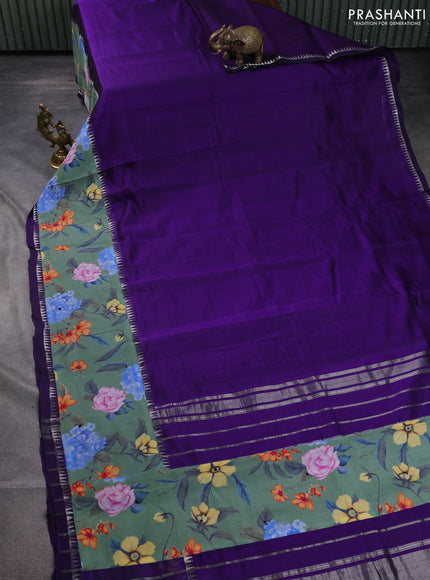 Mangalgiri silk cotton saree violet and pastel green with plain body and temple design kalamkari printed applique border