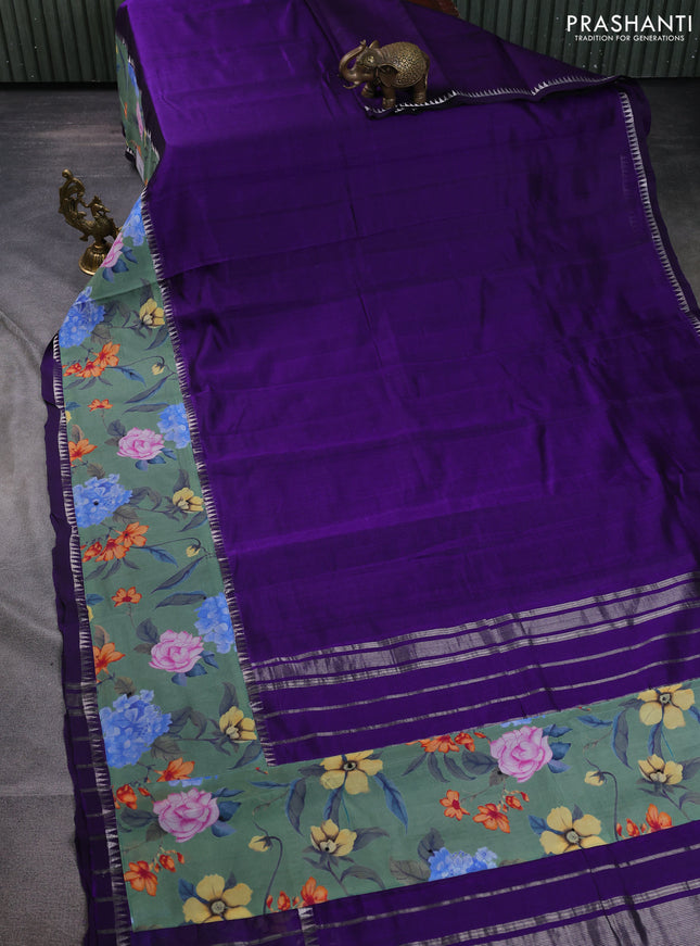 Mangalgiri silk cotton saree violet and pastel green with plain body and temple design kalamkari printed applique border