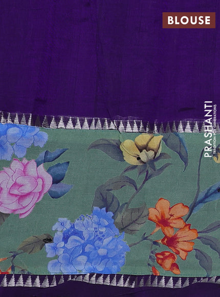 Mangalgiri silk cotton saree violet and pastel green with plain body and temple design kalamkari printed applique border