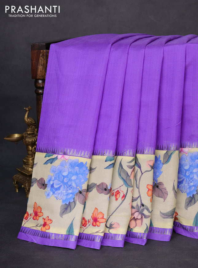 Mangalgiri silk cotton saree violet and pista green with plain body and temple design kalamkari printed applique border