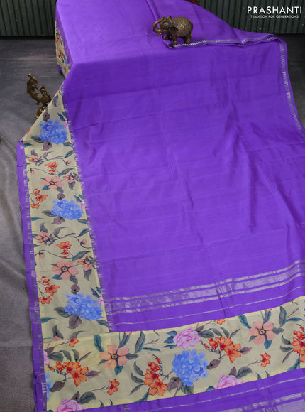 Mangalgiri silk cotton saree violet and pista green with plain body and temple design kalamkari printed applique border