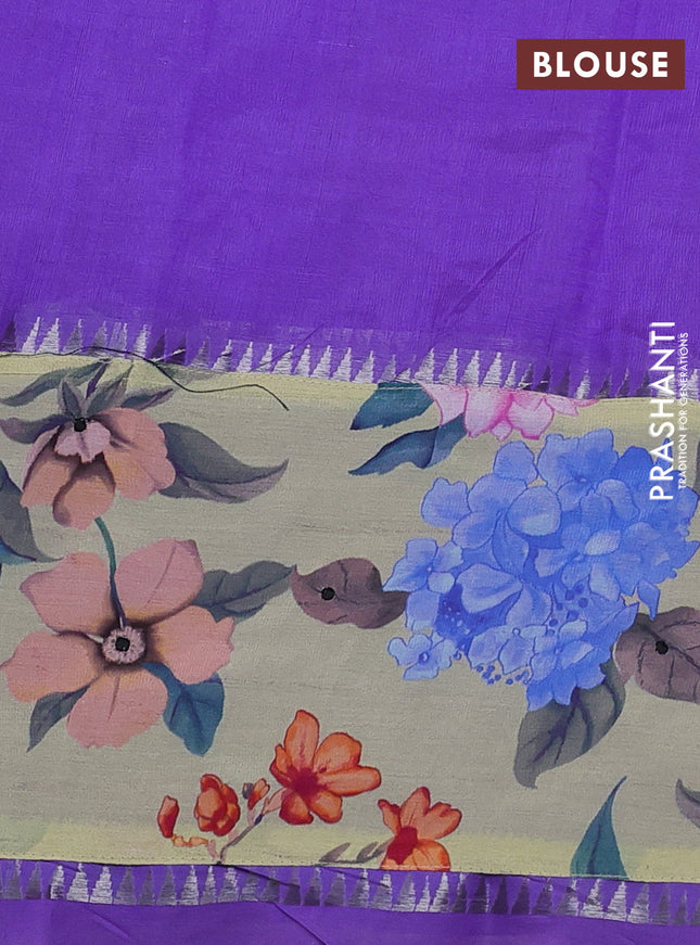 Mangalgiri silk cotton saree violet and pista green with plain body and temple design kalamkari printed applique border