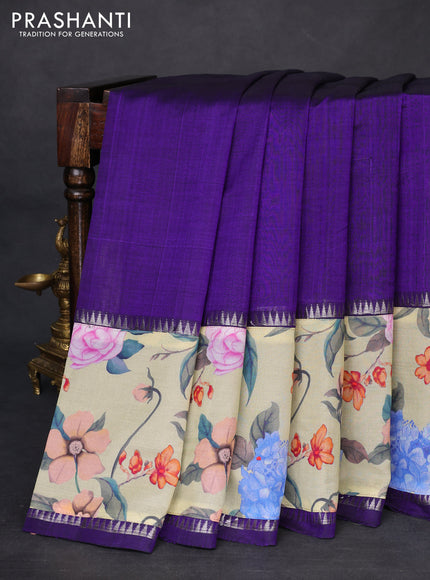 Mangalgiri silk cotton saree violet and pista green with plain body and temple design kalamkari printed applique border