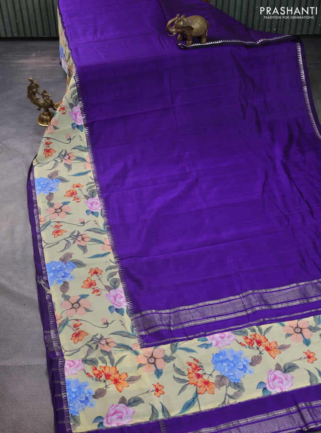 Mangalgiri silk cotton saree violet and pista green with plain body and temple design kalamkari printed applique border