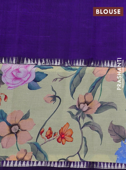 Mangalgiri silk cotton saree violet and pista green with plain body and temple design kalamkari printed applique border