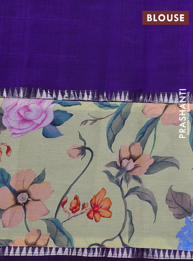 Mangalgiri silk cotton saree violet and pista green with plain body and temple design kalamkari printed applique border