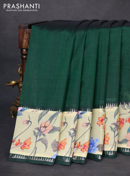 Mangalgiri silk cotton saree dark green and pista green with plain body and temple design kalamkari printed applique border