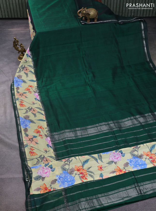 Mangalgiri silk cotton saree dark green and pista green with plain body and temple design kalamkari printed applique border