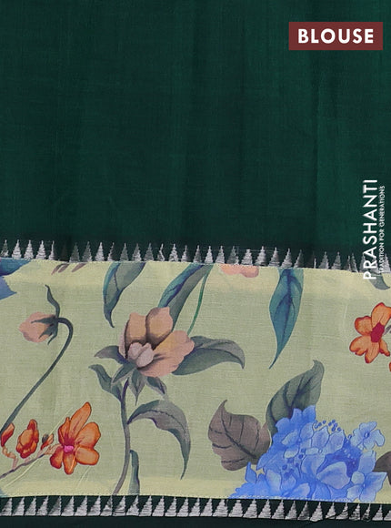 Mangalgiri silk cotton saree dark green and pista green with plain body and temple design kalamkari printed applique border