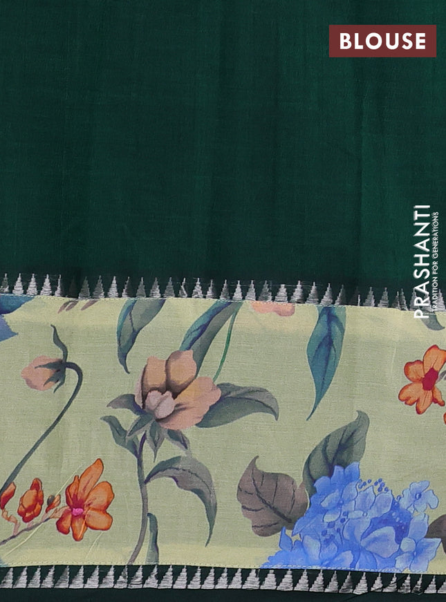 Mangalgiri silk cotton saree dark green and pista green with plain body and temple design kalamkari printed applique border