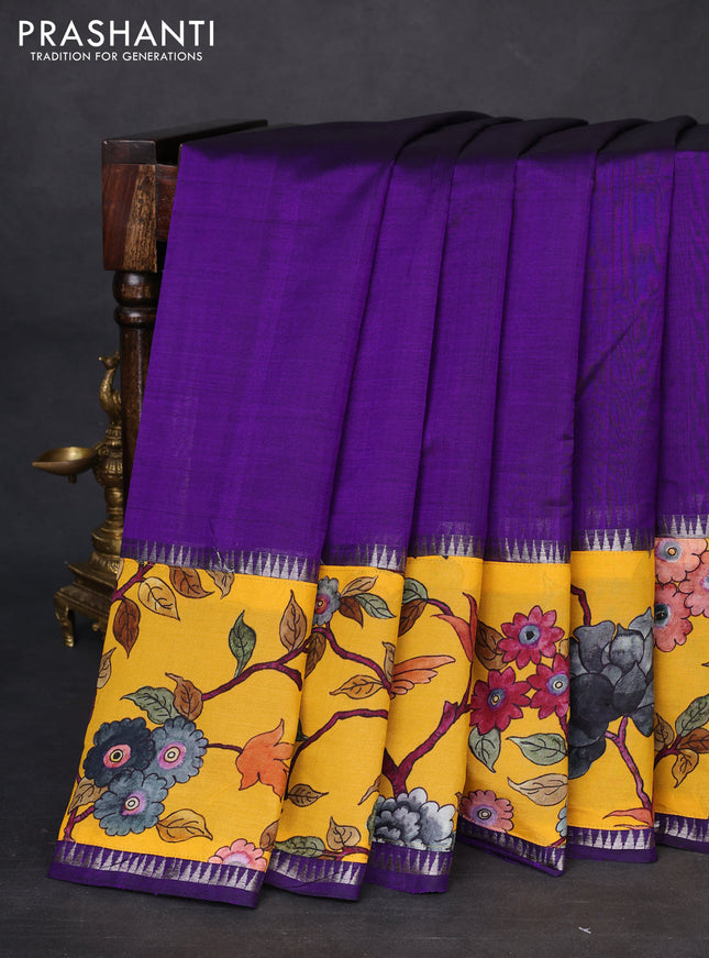 Mangalgiri silk cotton saree violet and mango yellow with plain body and temple design kalamkari printed applique border