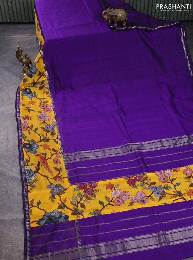 Mangalgiri silk cotton saree violet and mango yellow with plain body and temple design kalamkari printed applique border