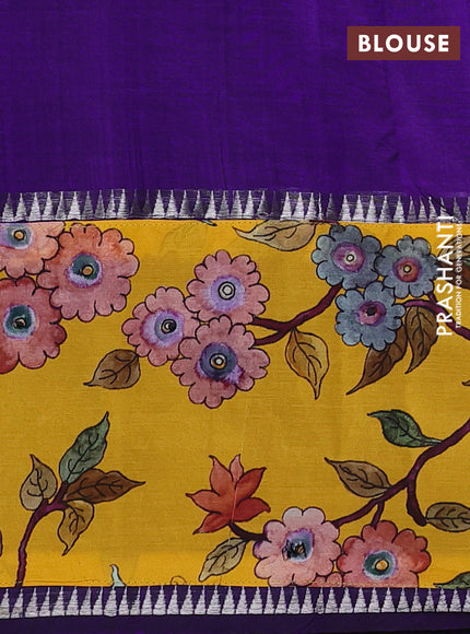 Mangalgiri silk cotton saree violet and mango yellow with plain body and temple design kalamkari printed applique border