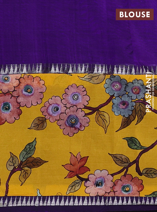 Mangalgiri silk cotton saree violet and mango yellow with plain body and temple design kalamkari printed applique border