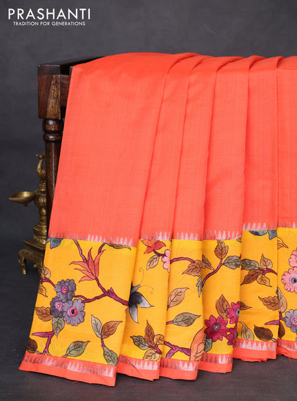 Mangalgiri silk cotton saree peach orange and mango yellow with plain body and temple design kalamkari printed applique border
