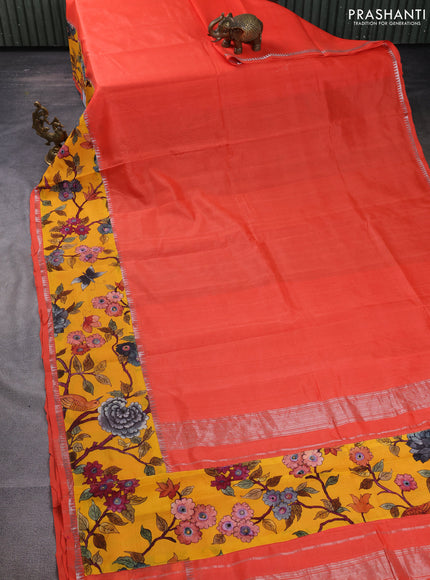 Mangalgiri silk cotton saree peach orange and mango yellow with plain body and temple design kalamkari printed applique border
