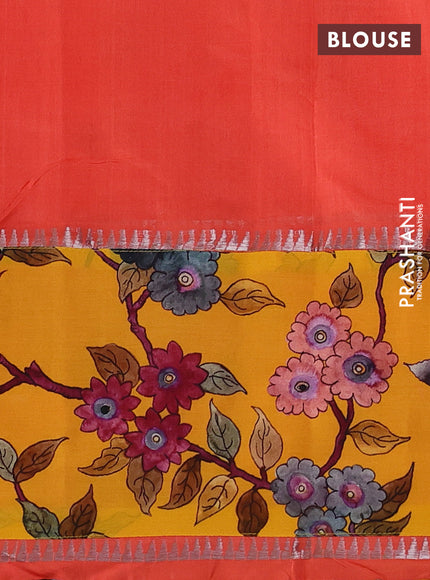 Mangalgiri silk cotton saree peach orange and mango yellow with plain body and temple design kalamkari printed applique border
