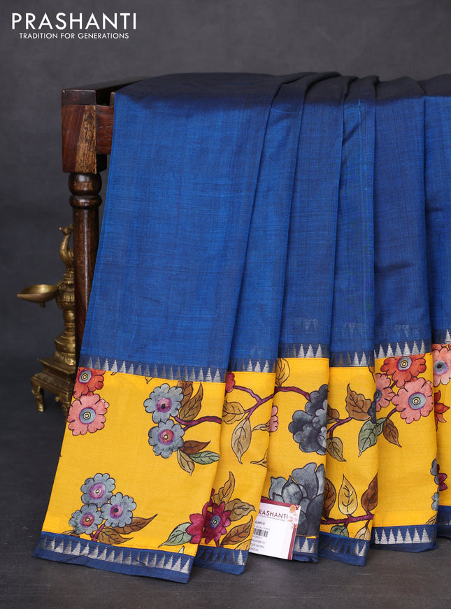 Mangalgiri silk cotton saree peacock blue and mango yellow with plain body and temple design kalamkari printed applique border