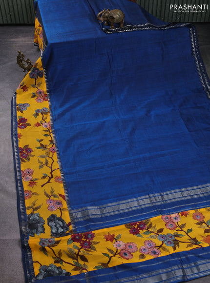 Mangalgiri silk cotton saree peacock blue and mango yellow with plain body and temple design kalamkari printed applique border