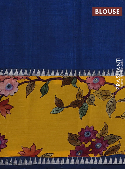 Mangalgiri silk cotton saree peacock blue and mango yellow with plain body and temple design kalamkari printed applique border