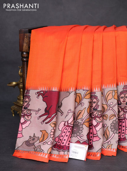 Mangalgiri silk cotton saree orange and beige with plain body and temple design kalamkari printed applique border