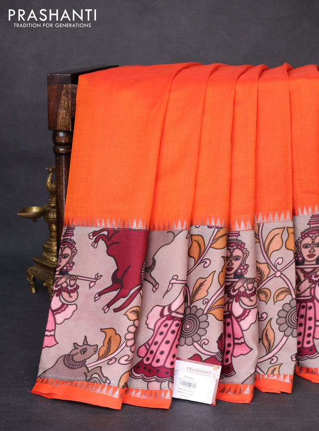 Mangalgiri silk cotton saree orange and beige with plain body and temple design kalamkari printed applique border