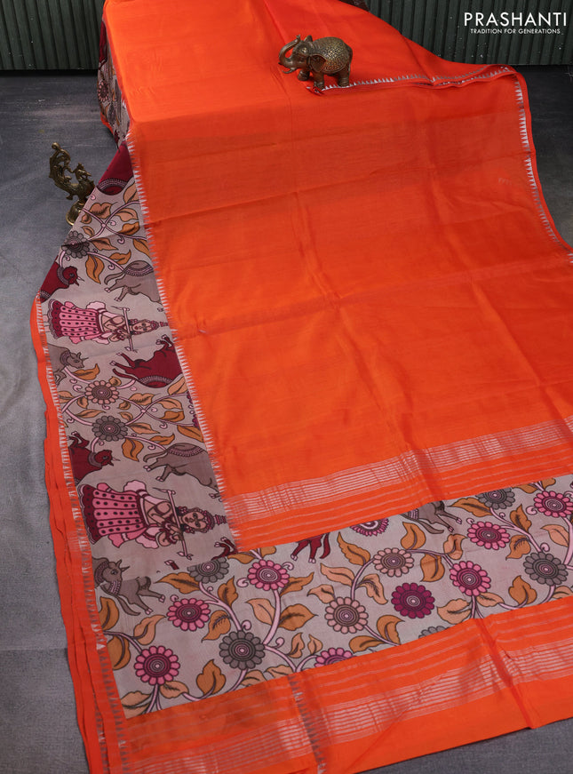 Mangalgiri silk cotton saree orange and beige with plain body and temple design kalamkari printed applique border