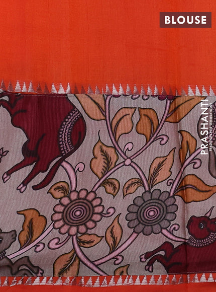Mangalgiri silk cotton saree orange and beige with plain body and temple design kalamkari printed applique border