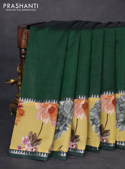 Mangalgiri silk cotton saree dark green and yellow with plain body and temple design kalamkari printed applique border