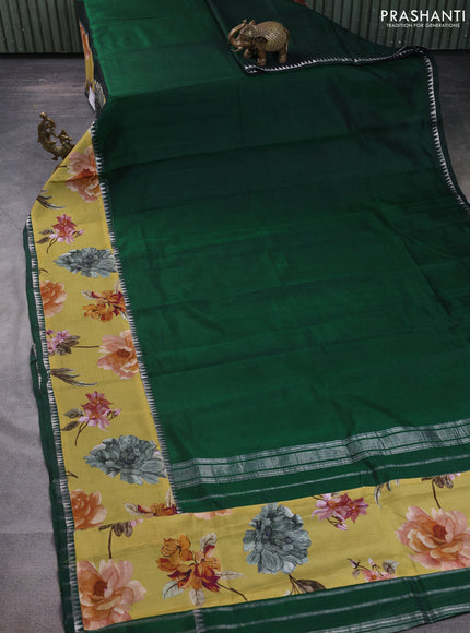 Mangalgiri silk cotton saree dark green and yellow with plain body and temple design kalamkari printed applique border