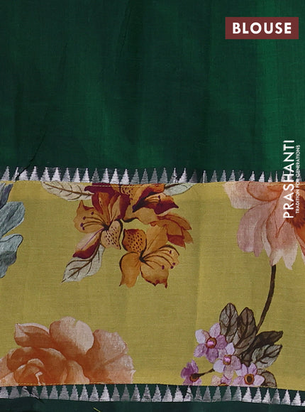 Mangalgiri silk cotton saree dark green and yellow with plain body and temple design kalamkari printed applique border