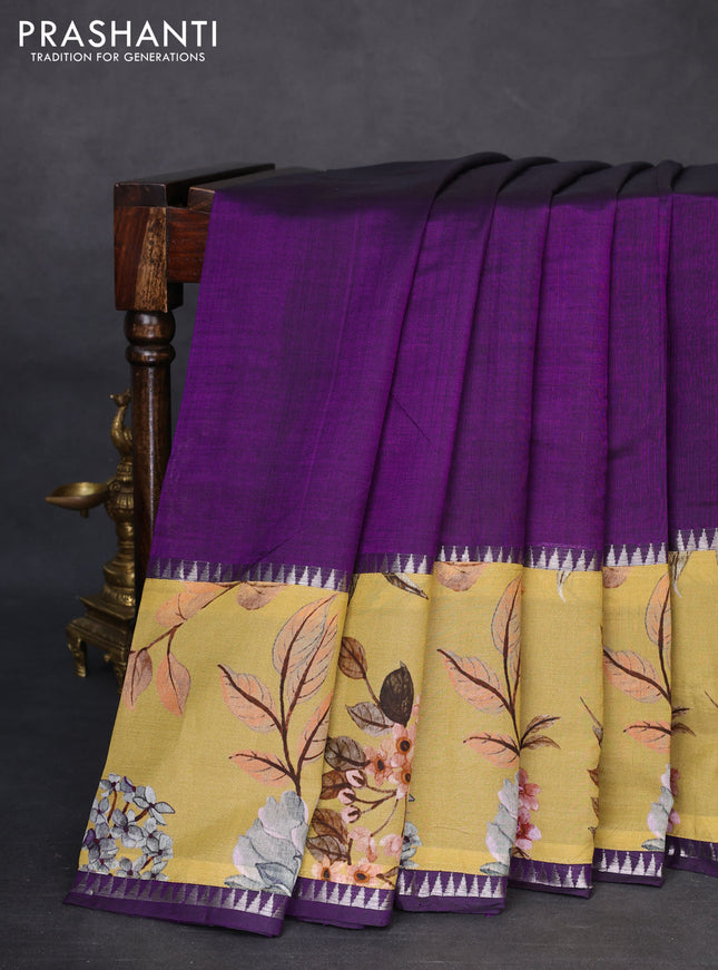 Mangalgiri silk cotton saree violet and yellow with plain body and temple design kalamkari printed applique border