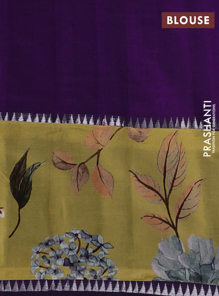 Mangalgiri silk cotton saree violet and yellow with plain body and temple design kalamkari printed applique border
