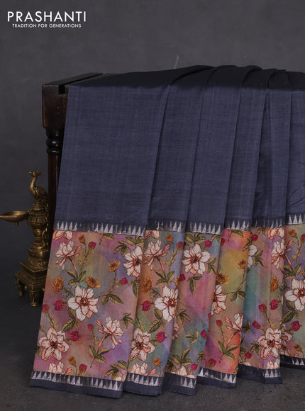 Mangalgiri silk cotton saree grey with plain body and temple design kalamkari printed applique border