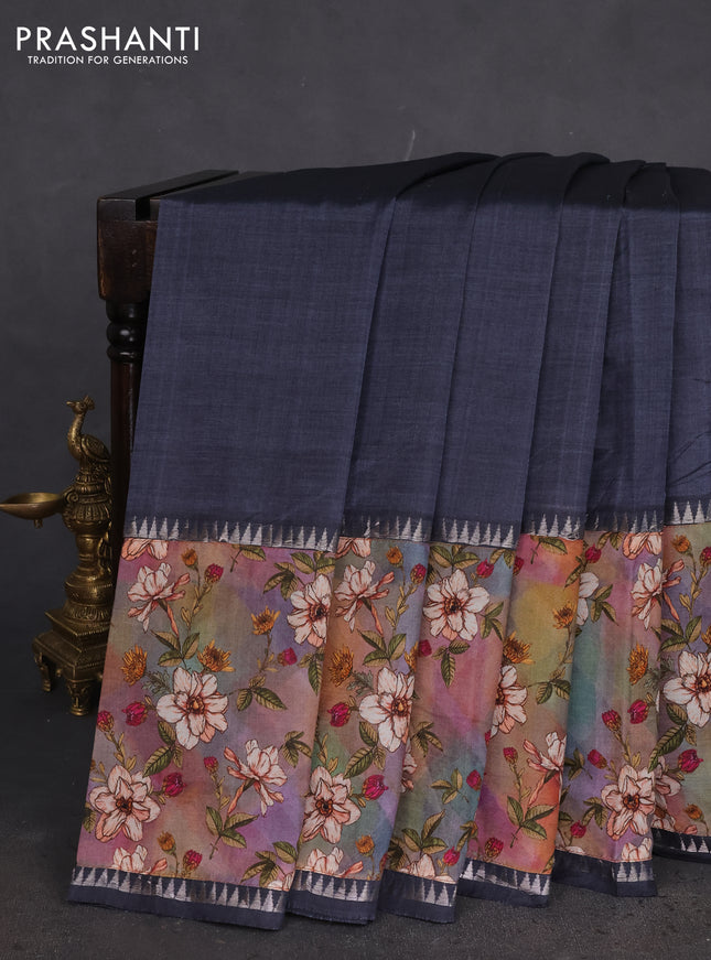 Mangalgiri silk cotton saree grey with plain body and temple design kalamkari printed applique border