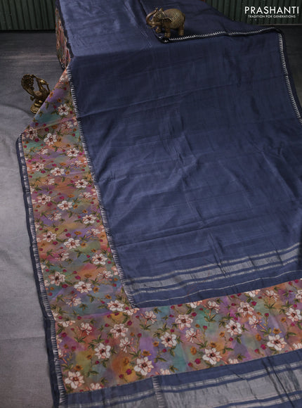 Mangalgiri silk cotton saree grey with plain body and temple design kalamkari printed applique border