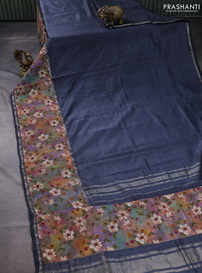 Mangalgiri silk cotton saree grey with plain body and temple design kalamkari printed applique border